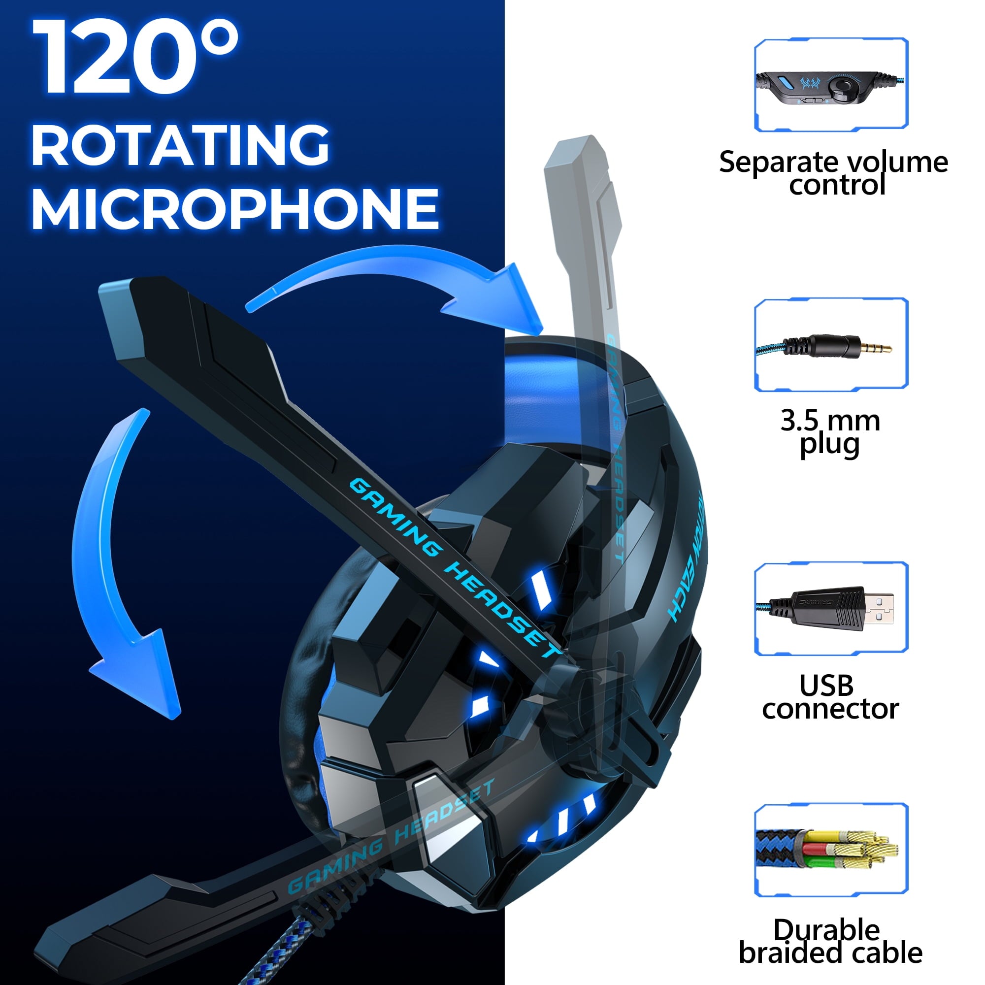 Gaming Headset with Microphone, Compatible with PS4 PS5 Xbox One PC Laptop, Over-Ear Headphones with LED Light, Noise Canceling Mic, 7.1 Stereo Surround Sound,Soft Earmuffs for Nintendo Series X|S
