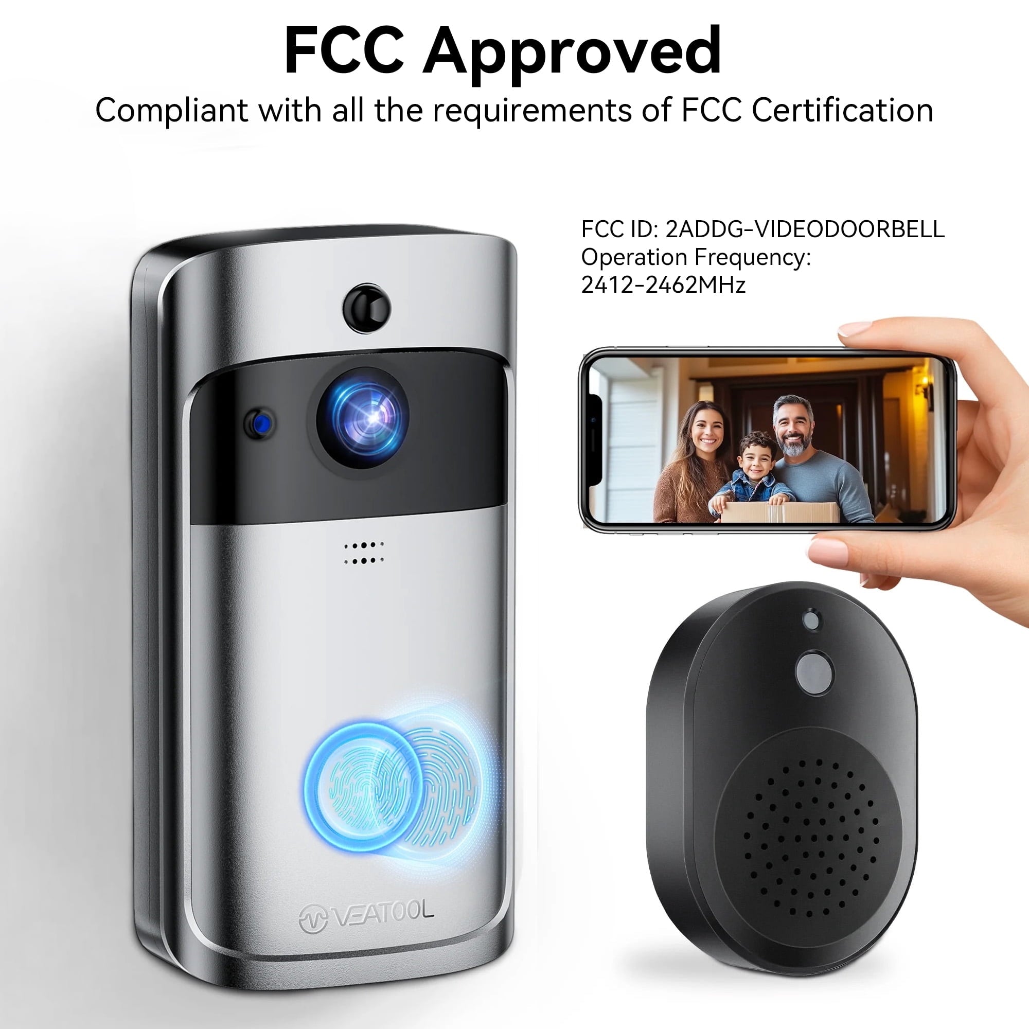 VEAT00L Doorbell Camera Wireless , 1080P Video Doorbell with Chime, Front Door Camera, 2-way Audio, Instant Alert,PIR Motion Detection,Night Vision,Battery-Powered Smart Doorbell