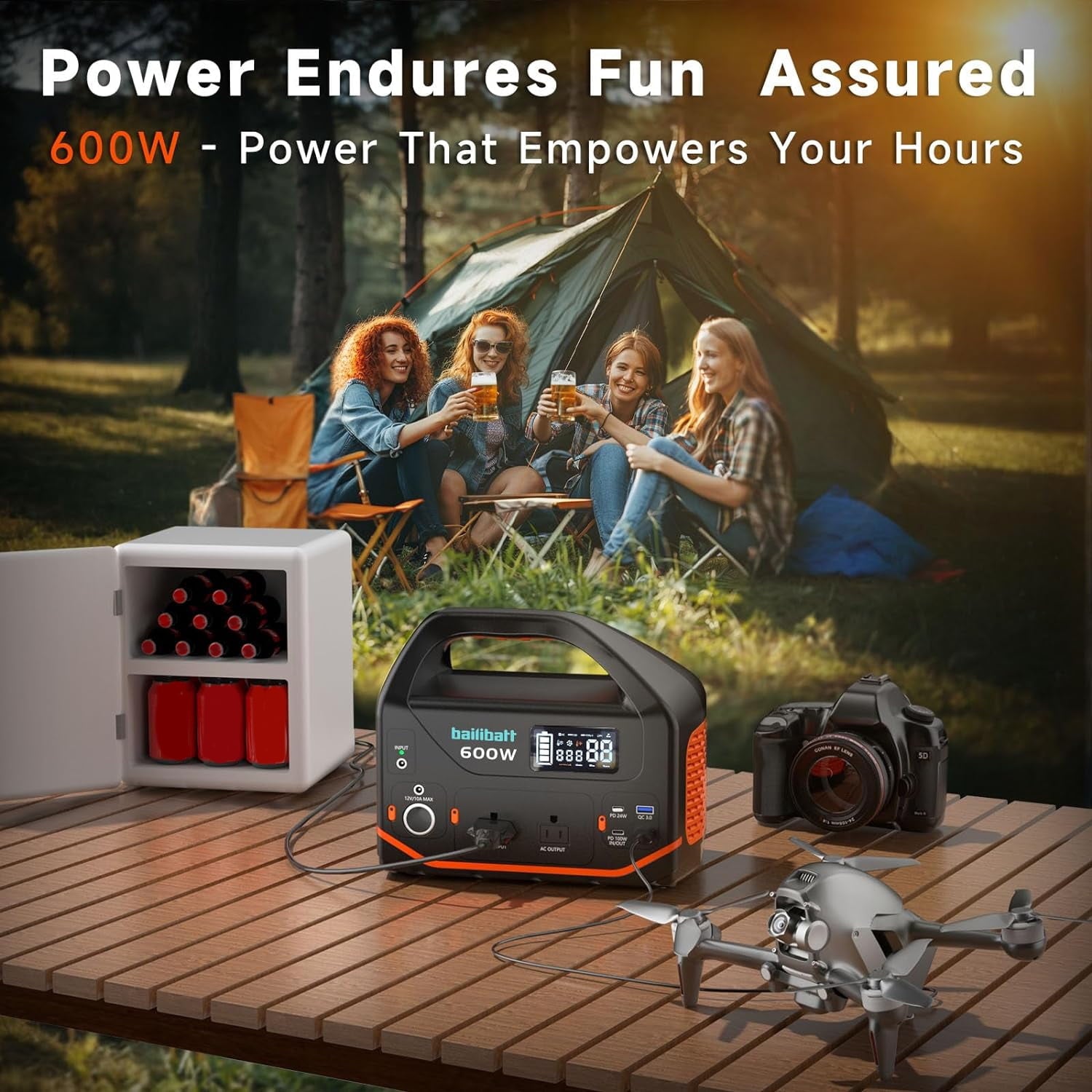 Bailibatt 600W Portable Power Station, 293Wh Solar Generator with Multiple Output Ports, Fast Charging, Lightweight Design for Camping and Home Backup