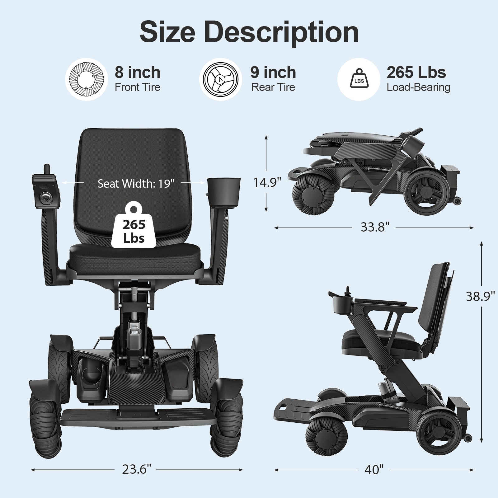 Tivaro Foldable Electric Power Chair for Adults, All-Terrain, 265-Lb Capacity, Black