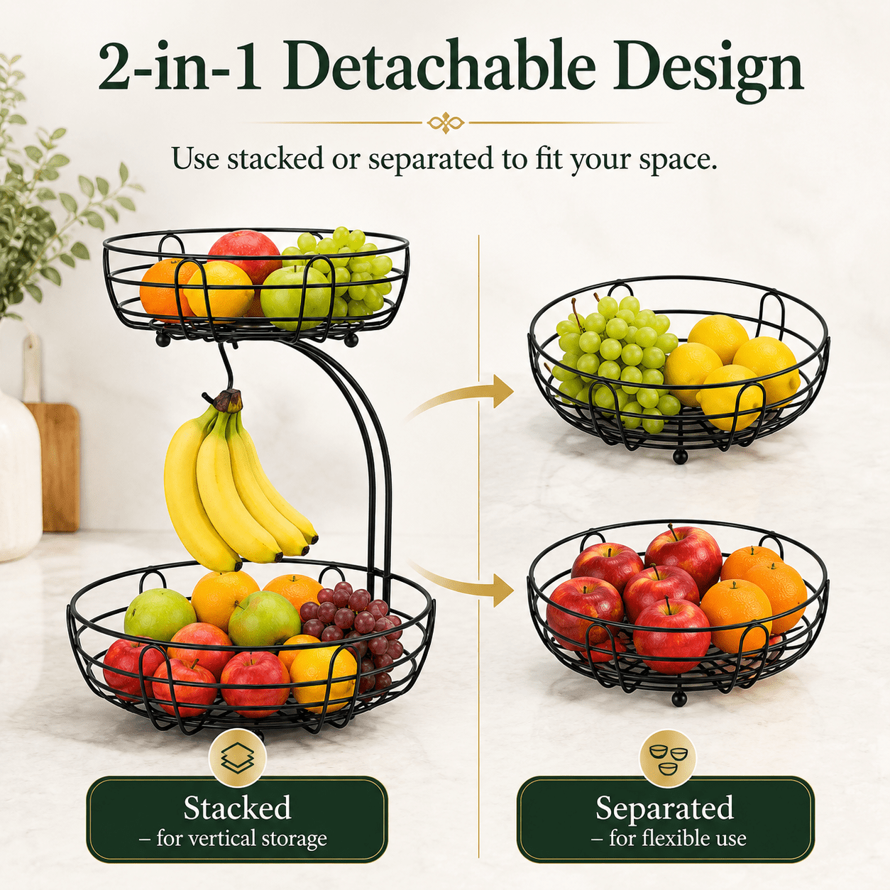 ZHOHO TANT 2-Tier Countertop Fruit Basket with Banana Hanger, Metal Wire Storage Organizer for Kitchen