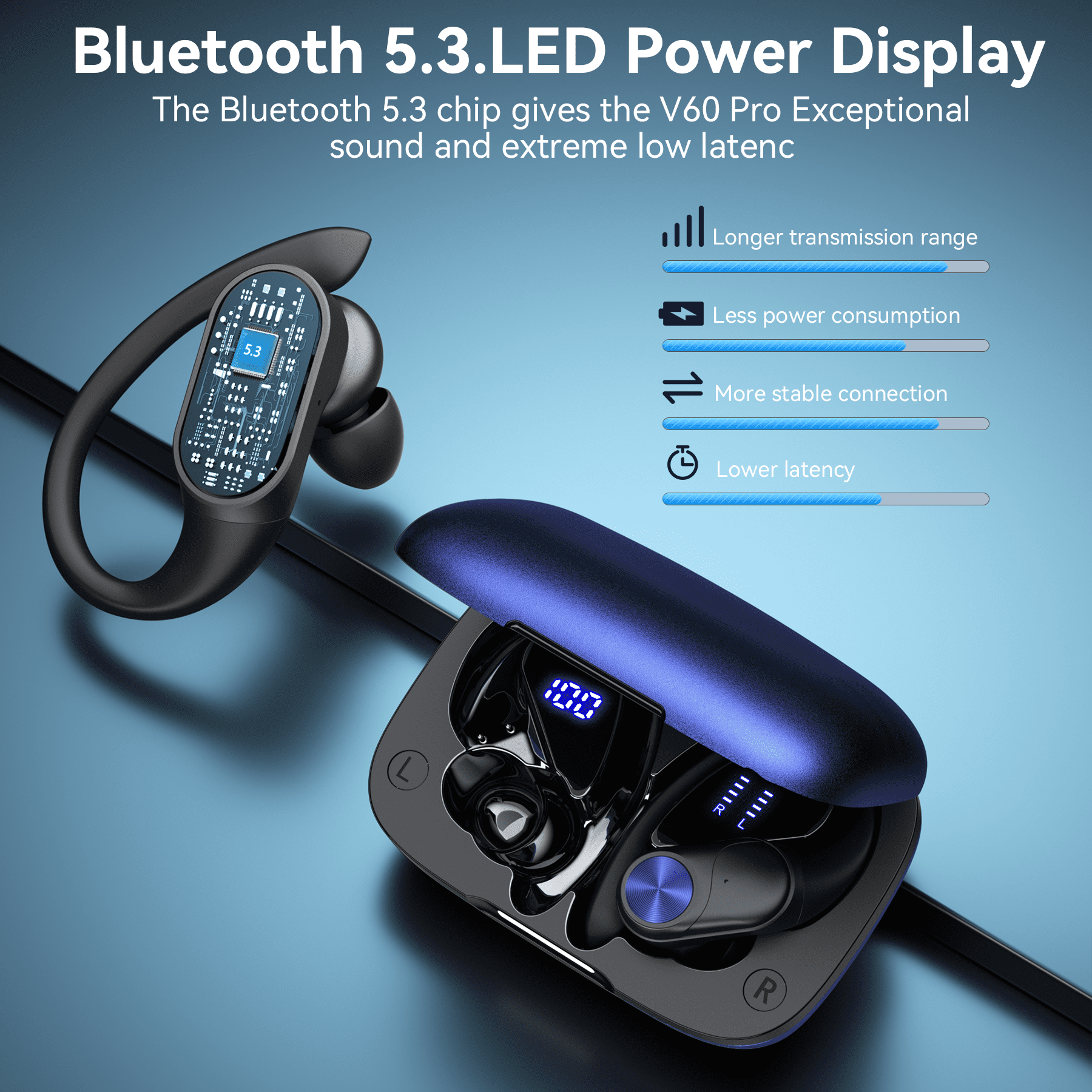 VEAT00L V6 Bluetooth Headphones Wireless Earbuds 88Hrs Playback Sport Ear Buds with Earhook Digital Display Charging Case IPX7 Waterproof Earbud Deep Bass Running Earphones for iOS Android Cellphone