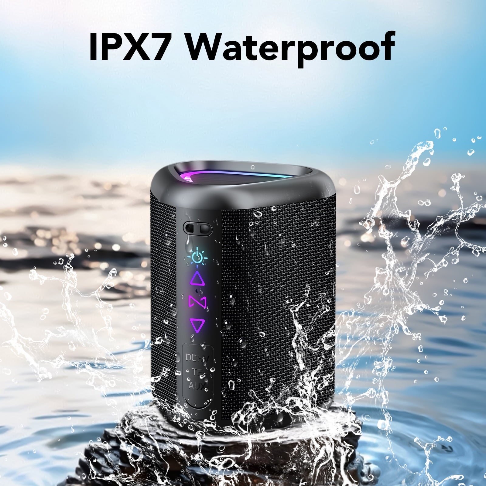 Portable Bluetooth Speaker with Lights, Powerful Crystal Clear Sound, IPX7 Waterproof, All Day Playtime, AUX&TF-Card Input, Bluetooth 5.4, TWS Paring, Small Wireless Speaker for Outdoor, Gift Ideas