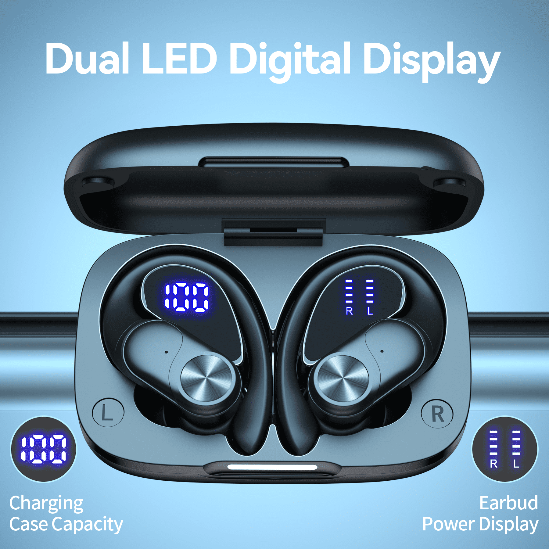 VEAT00L V6 Bluetooth Headphones Wireless Earbuds 88Hrs Playback Sport Ear Buds with Earhook Digital Display Charging Case IPX7 Waterproof Earbud Deep Bass Running Earphones for iOS Android Cellphone