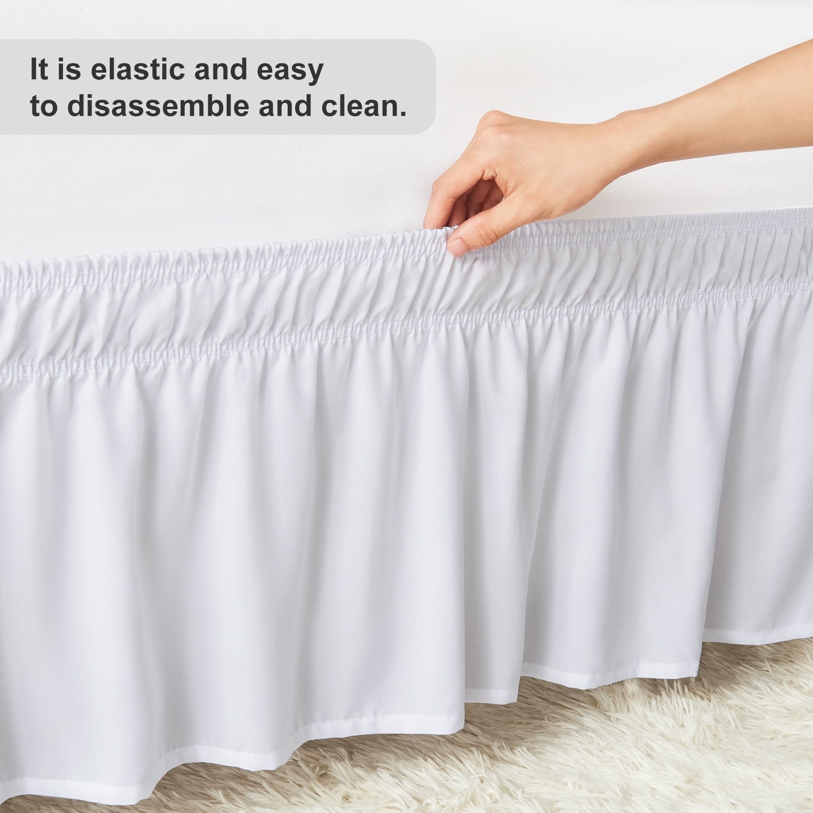 U-NICE HOME Queen 14" Drop Wrap Around Bed Skirt - Elastic Pleated Wrinkle Resistant, White
