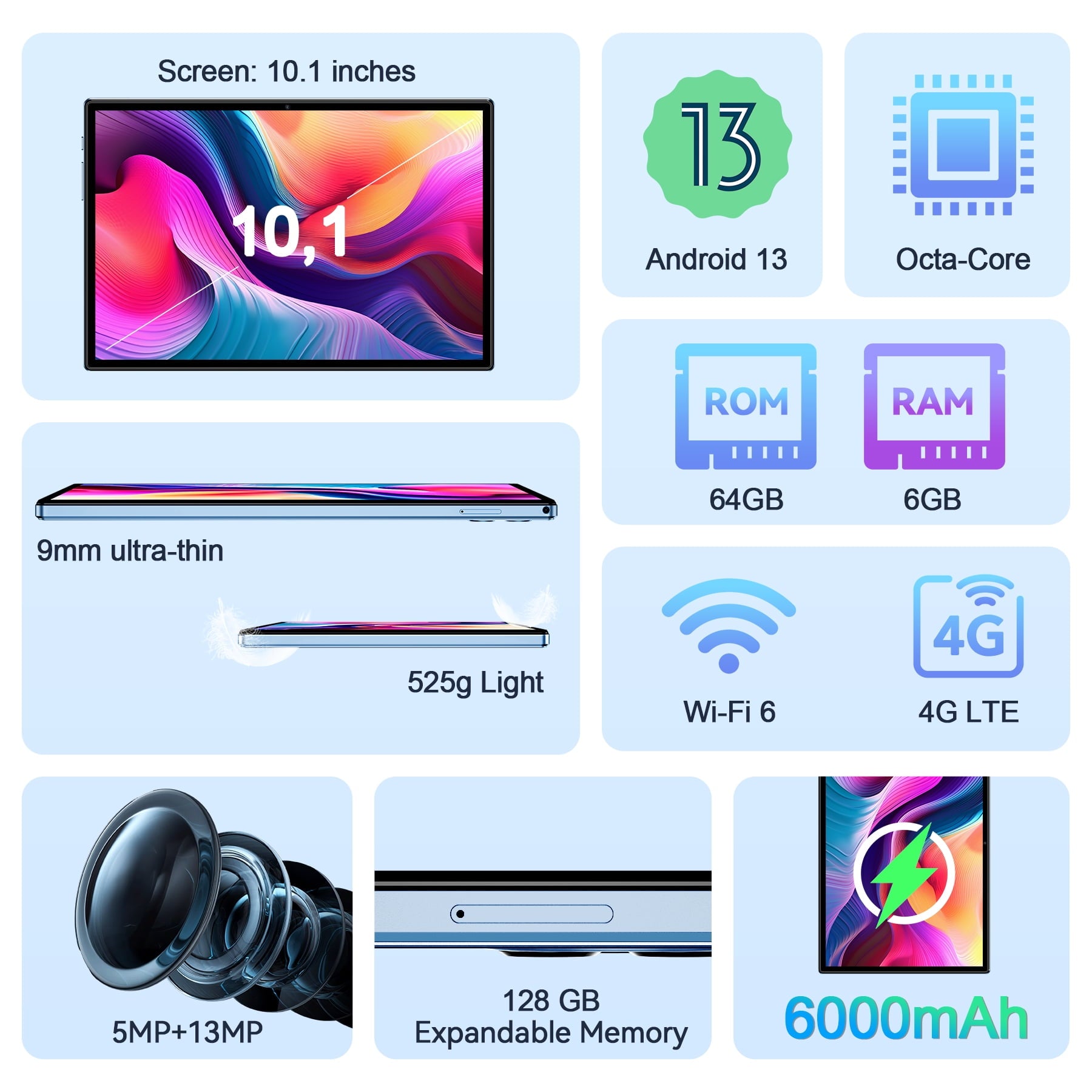 VEAT00L Tablet,10.1 inch Android 13 Tablets ,6GB RAM 64GB ROM 128GB Expand,Octa-Core Processor up with 5G WiFi,1280x800 IPS HD Touchscreen,6000mAh Battery, Bluetooth, Dual Camera, GMS (Blue)
