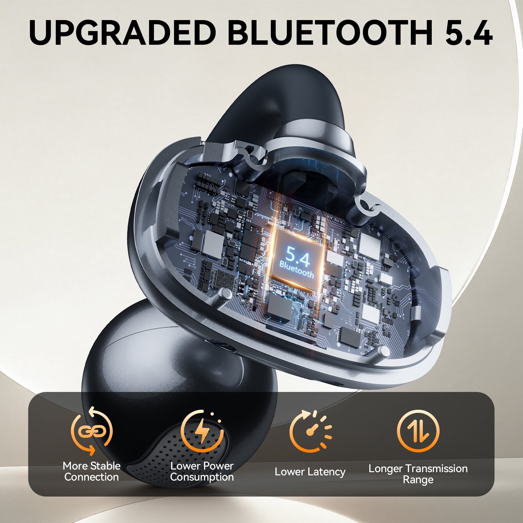 VEATOOL Clip On Earbuds,Bluetooth 5.4 Lightweight Comfort Bone Conduction Open Ear Headphones with LED Digital Display,Noise Cancelling Headphones, IPX7 Suitable for Small Ears and Eyeglass Wearers