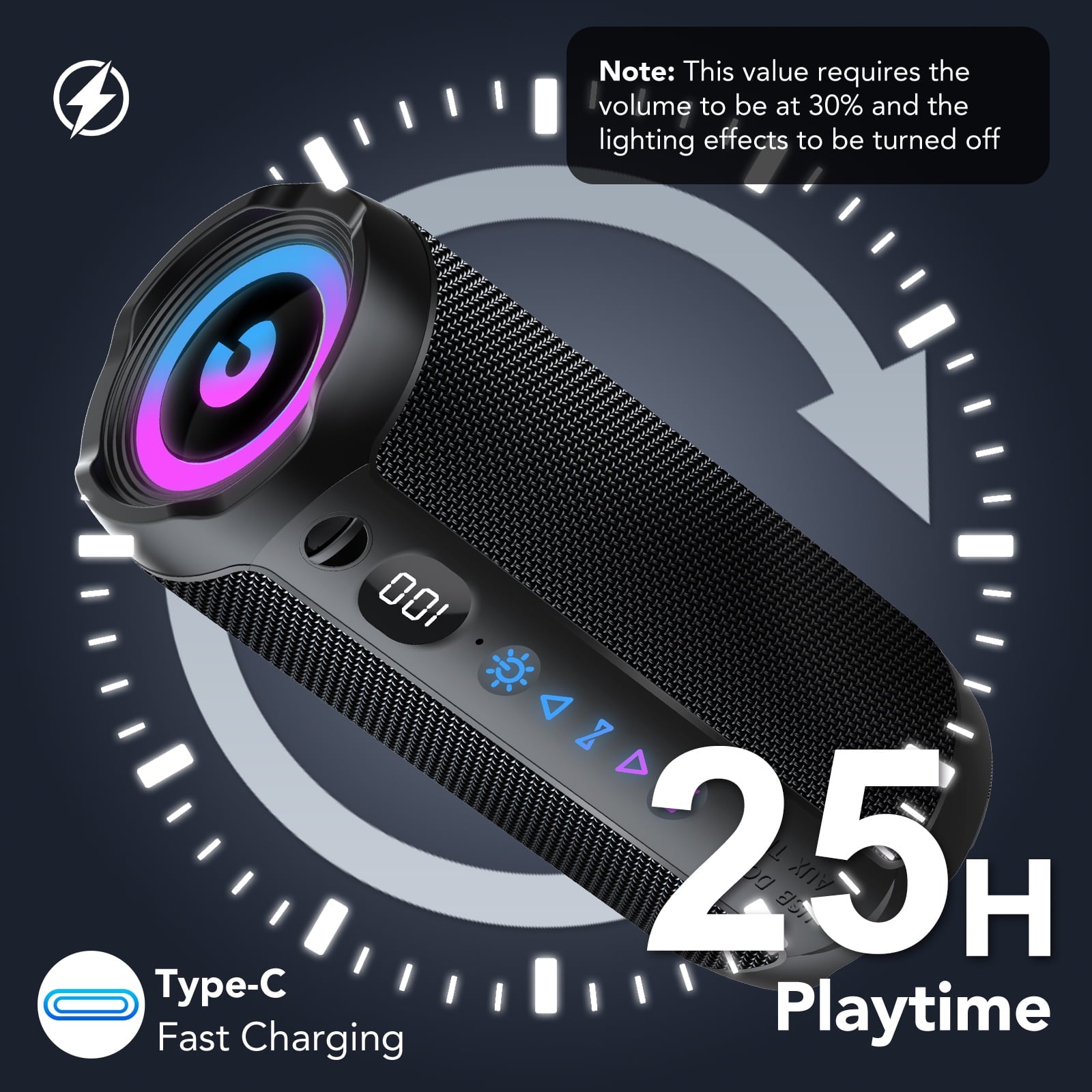 Portable Bluetooth Speaker IPX7 Waterproof, 25W Loud Sound, Deep Bass, Bluetooth 5.4, LED Lights, Wireless Stereo Pairing, 25H Playtime, for Home/Outdoor/Party/Beach, Birthday Gift (Black)
