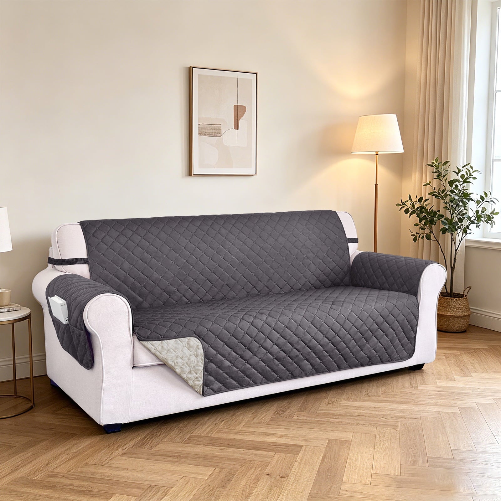 U-NICE HOME 100% Waterproof Anti Slip Sofa Cover 3-Seater, Washable, Elastic Straps, Dark Grey
