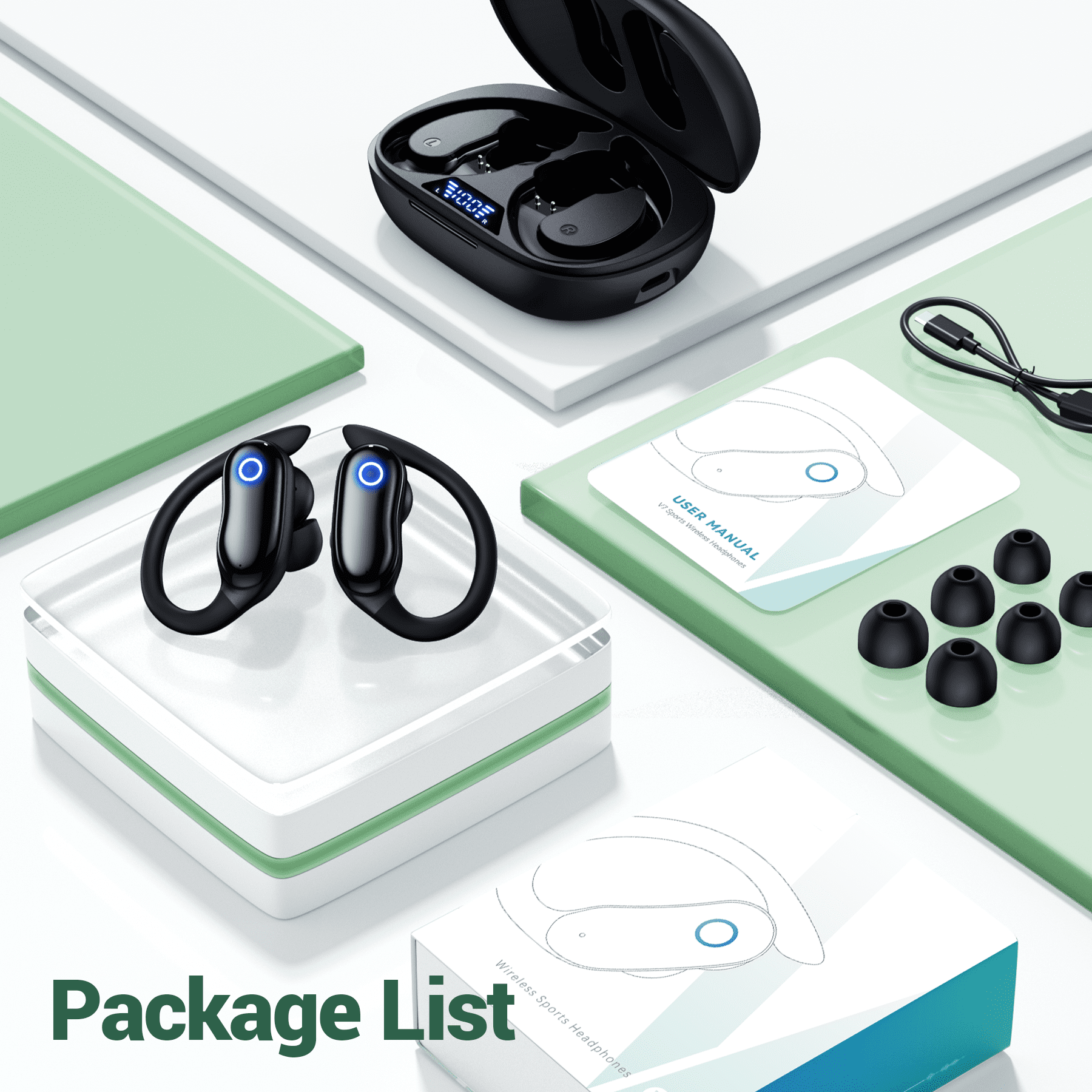 VEAT00L Active Noise Cancelling Wireless Ear Buds, 96Hrs Bluetooth Headphones IP7 Waterproof for Sport, Running Wireless Earphones with ENC, Deep Bass Over Ear bud with Earhooks for /Workout/Gym