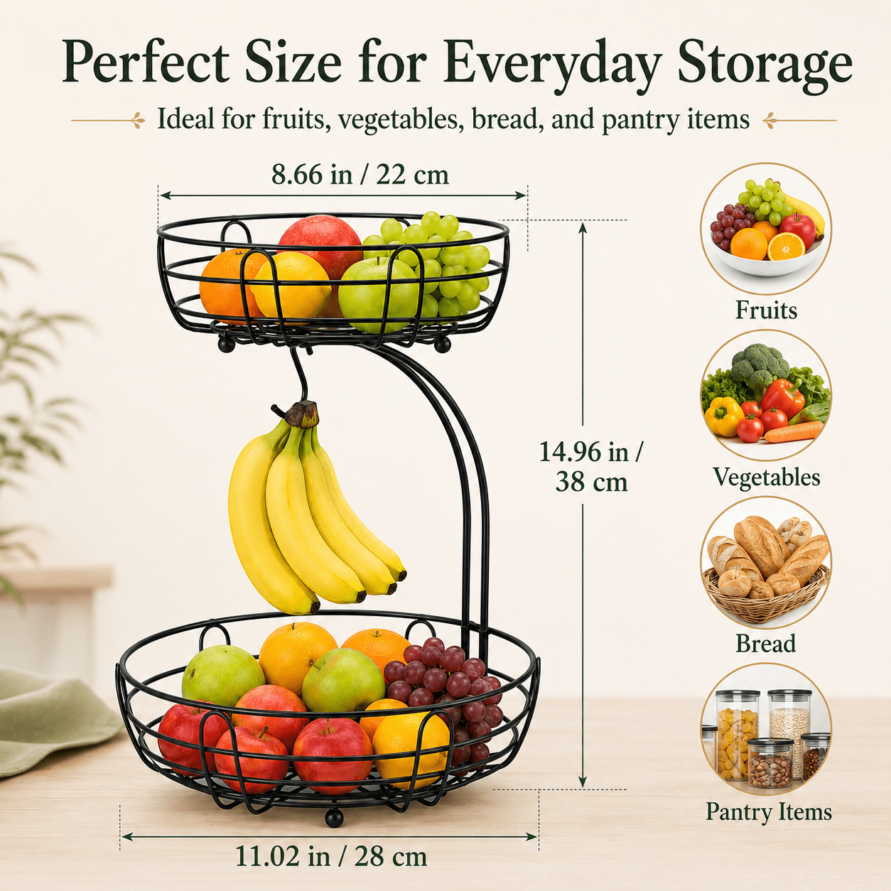ZHOHO TANT 2-Tier Countertop Fruit Basket with Banana Hanger, Metal Wire Storage Organizer for Kitchen
