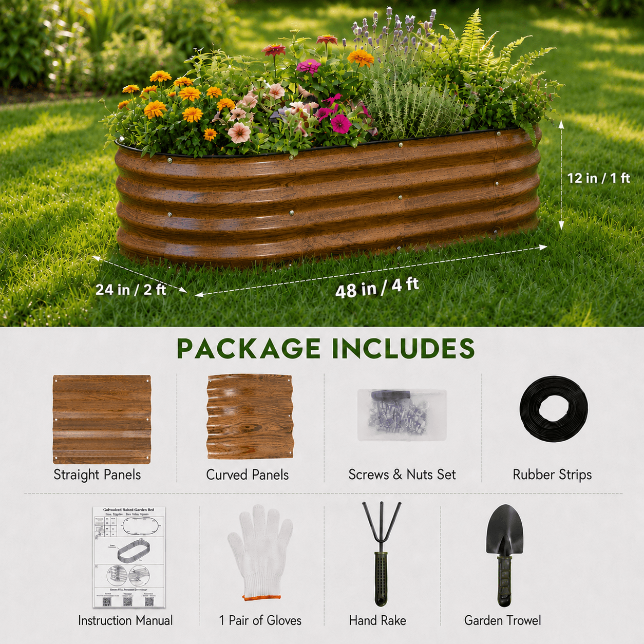 3 Pack 4x2x1 FT Raised Garden Bed Kit, Galvanized Metal Planter Box with Rubber Strip Edging for Vegetables,fruits,Brown